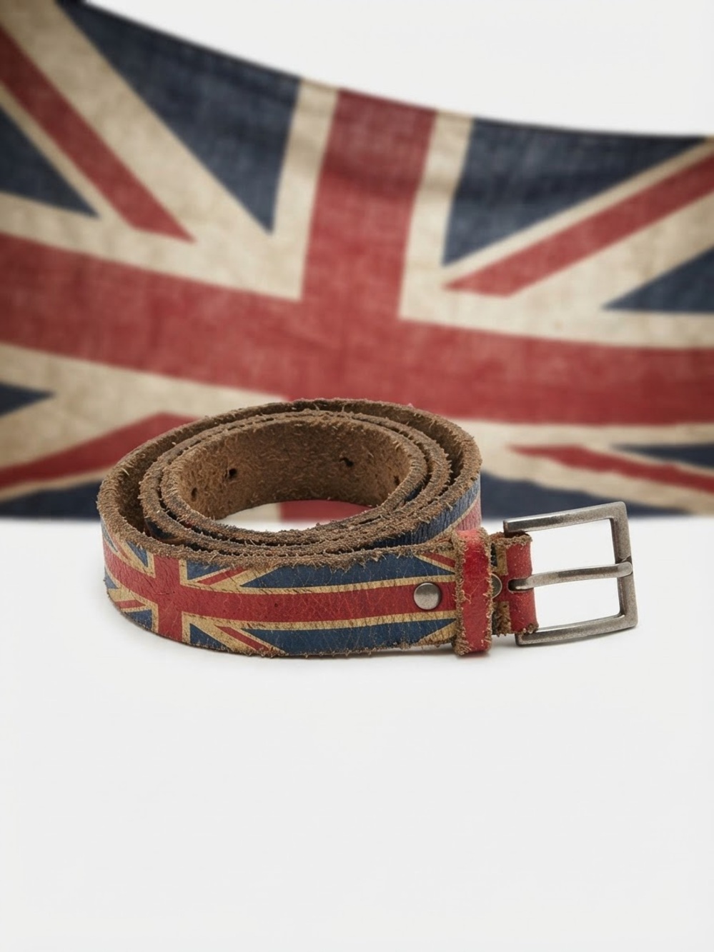 Vintage Y2K Union Jack British Flag Distressed Leather Belt Goth Grunge 34